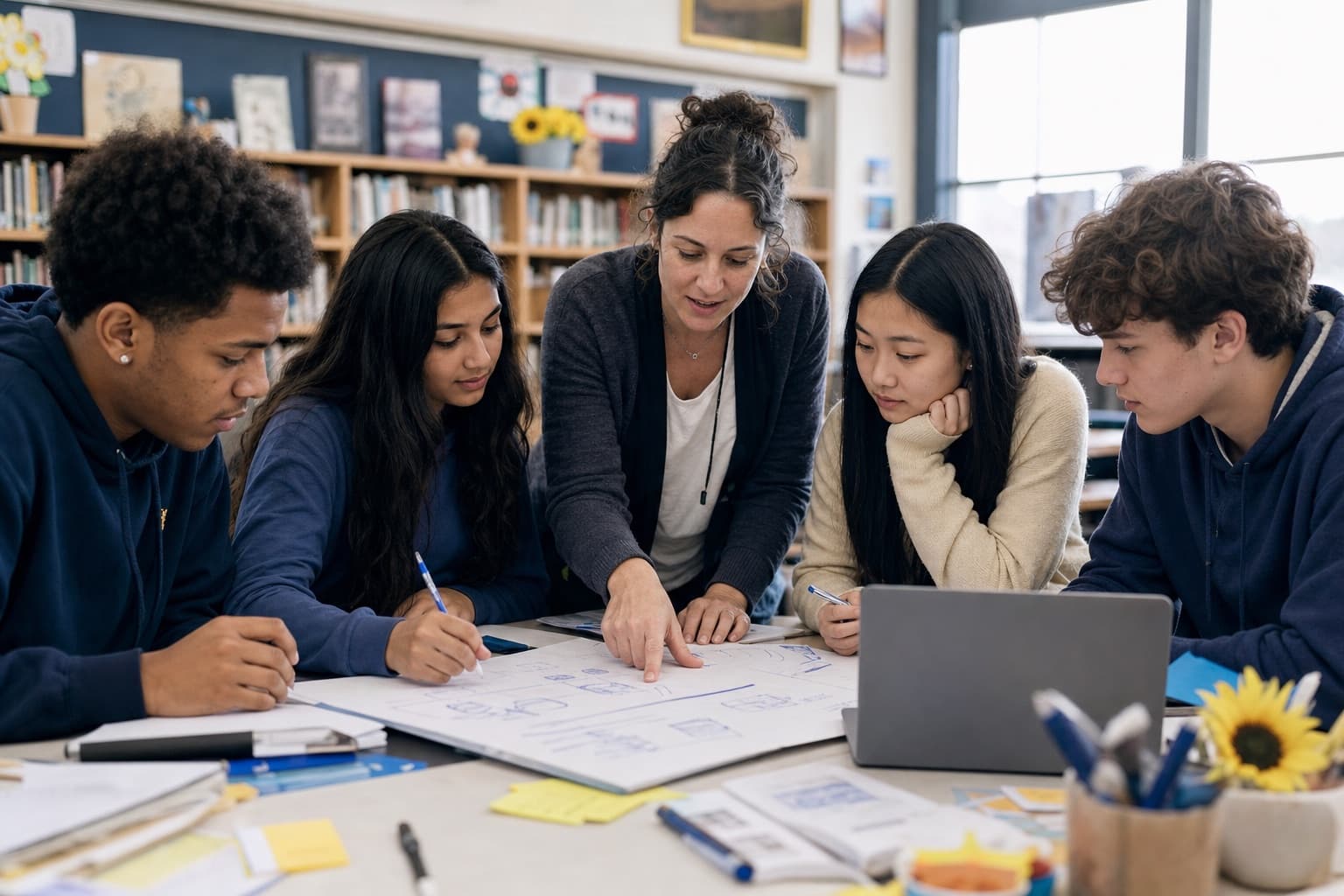 Teens learning together around a laptop.
